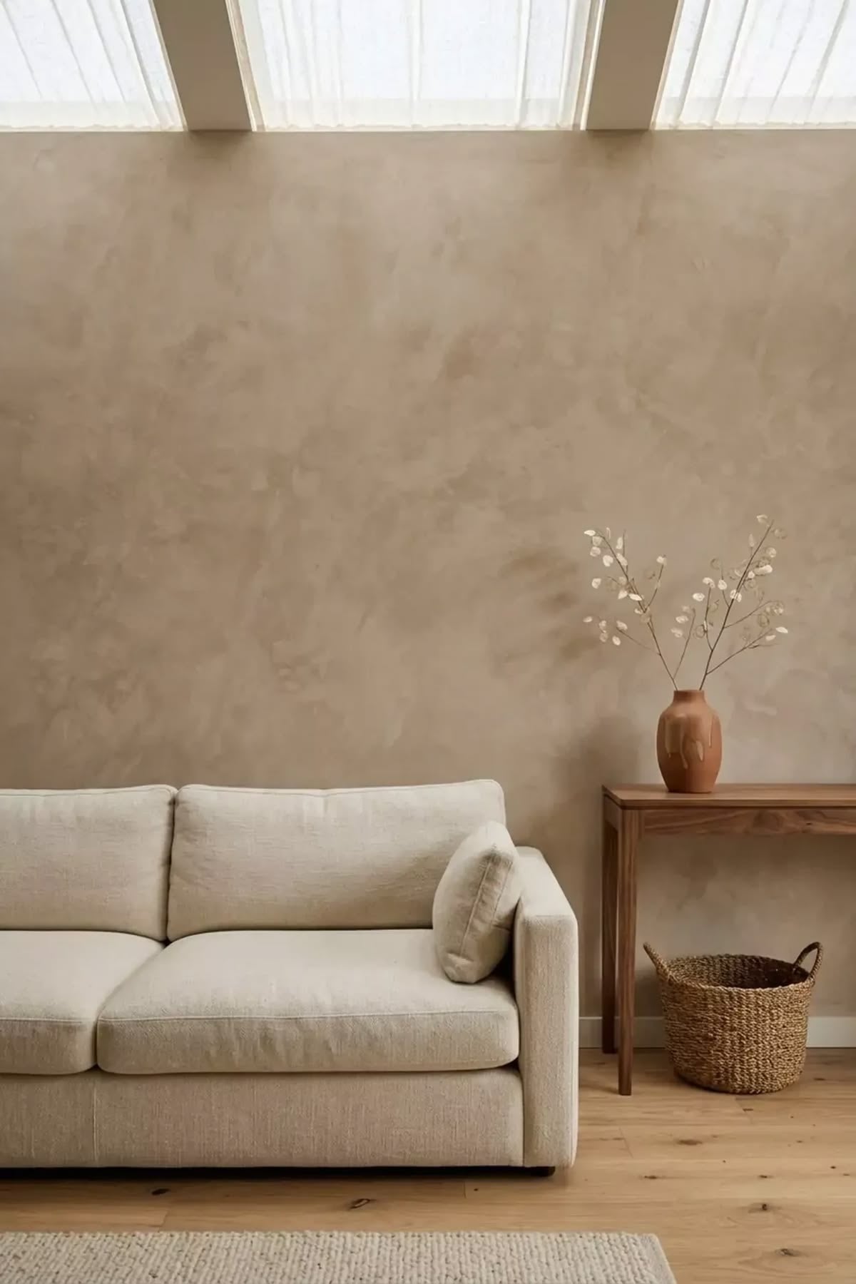 A living room wall in a warm, sand-toned lime wash behind a linen sofa and a walnut console, under a row of clerestory windows.