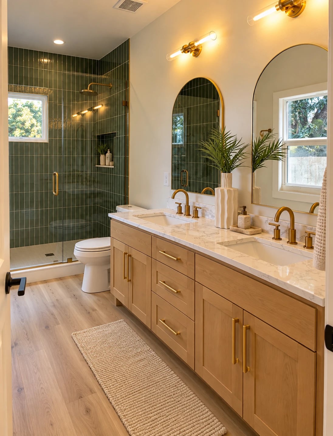 The finished bathroom: a walk-in shower in green vertical tile behind glass, a double oak vanity with a marble top, brass fittings and arched mirrors.